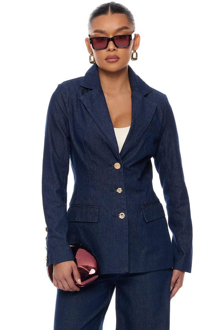 Odette Denim Blazer Wide Leg Pant Set - Dark Wash