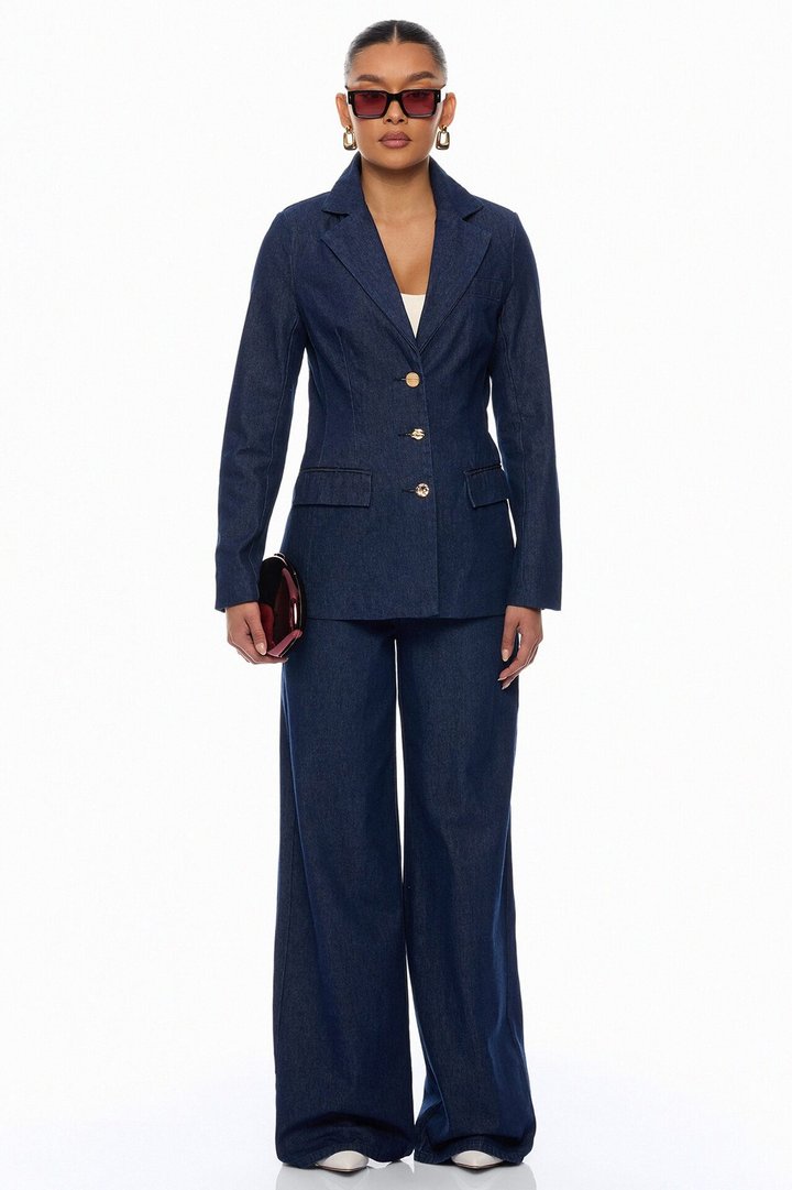 Odette Denim Blazer Wide Leg Pant Set - Dark Wash