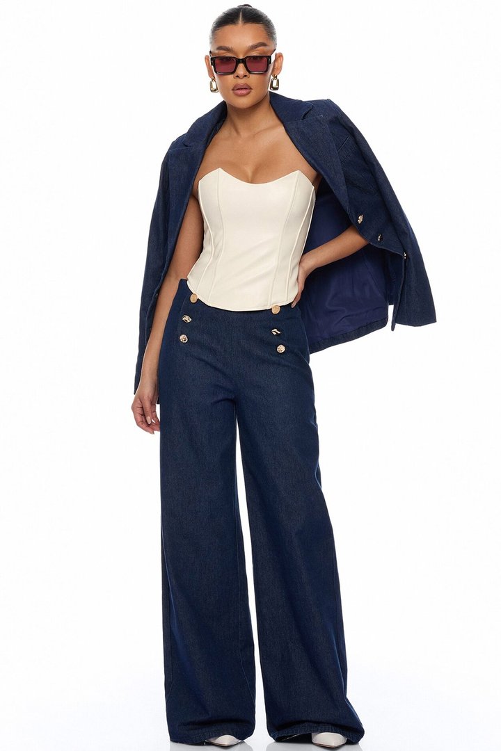 Odette Denim Blazer Wide Leg Pant Set - Dark Wash