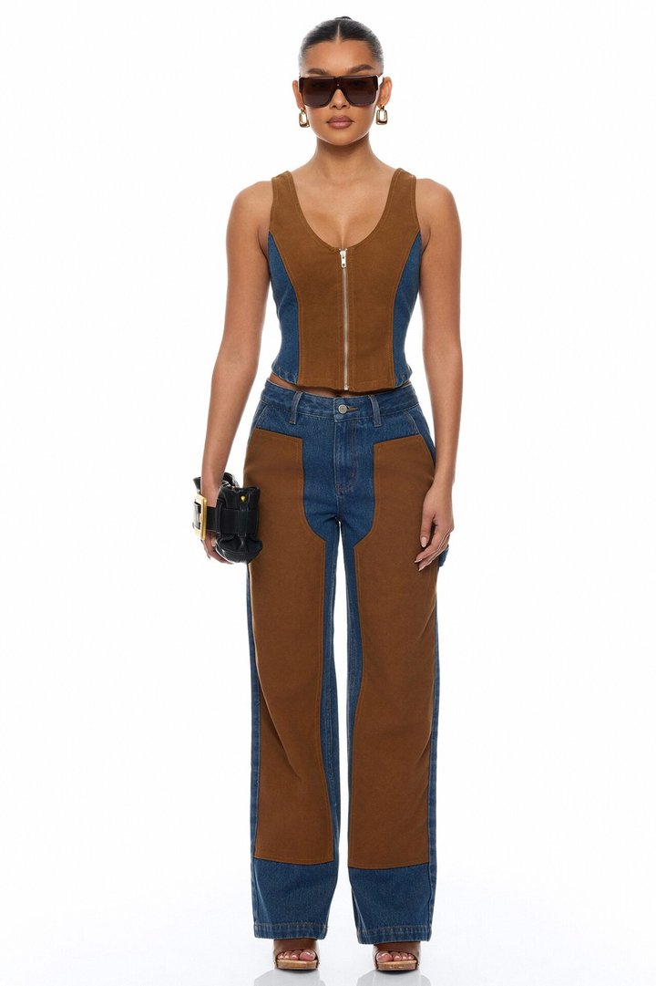 Sadie Patchwork Vest Pant Set - Denim