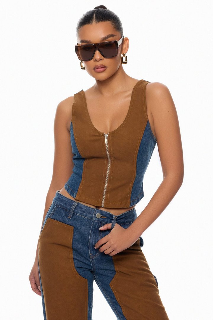Sadie Patchwork Vest Pant Set - Denim