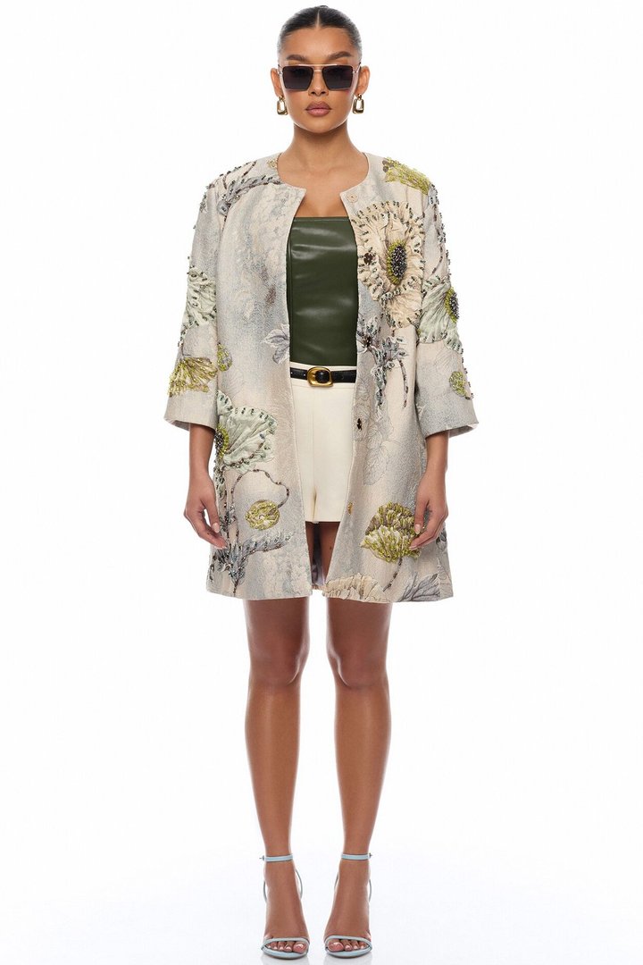 Riannon Crew Neck Embellished Jacquard Jacket - Grey