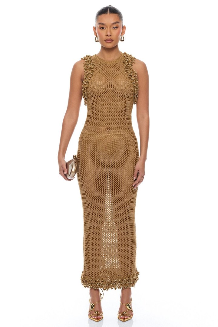 Siesta Fringe Crochet Maxi Dress - Brown