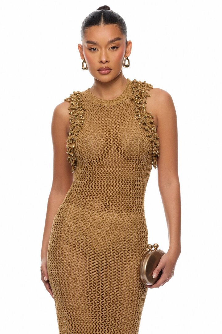 Siesta Fringe Crochet Maxi Dress - Brown
