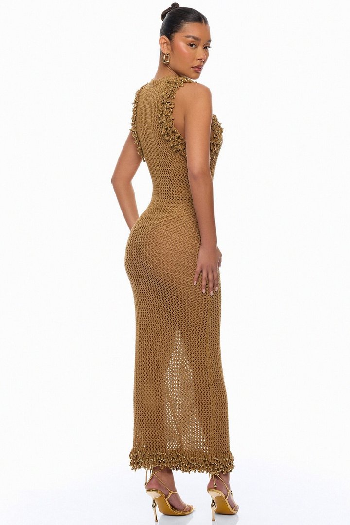 Siesta Fringe Crochet Maxi Dress - Brown