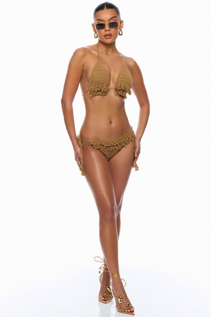 Siesta Fringe Crochet 4 Piece Sunsuit Set - Brown