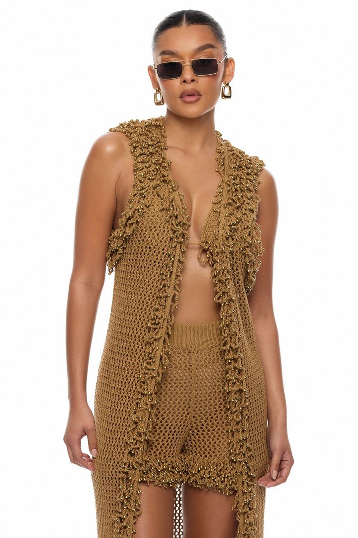 Siesta Fringe Crochet 4 Piece Sunsuit Set - Brown