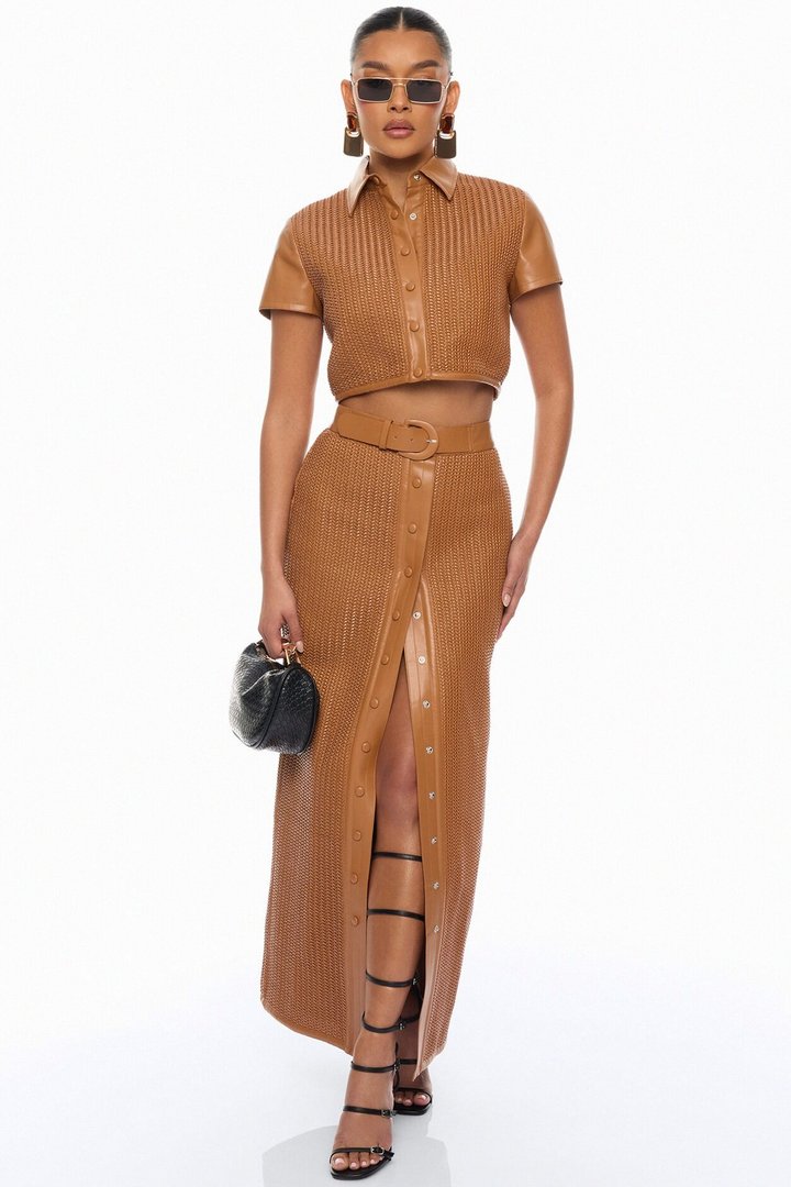 Hailey Faux Leather Collared Top - Cognac