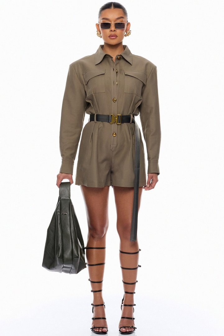 Morgan Cargo Belted Romper - Olive