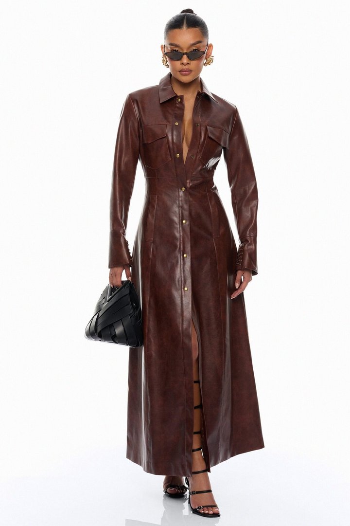 Chic Moment Lace Up Faux Leather Coat - Brown