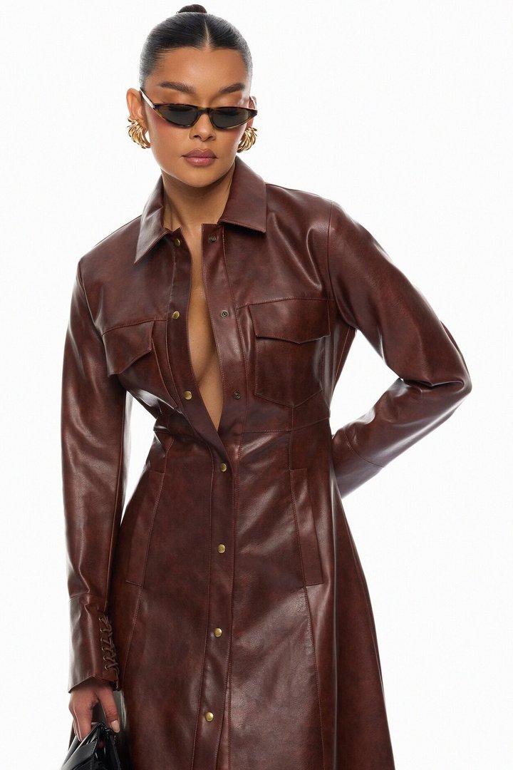 Chic Moment Lace Up Faux Leather Coat - Brown