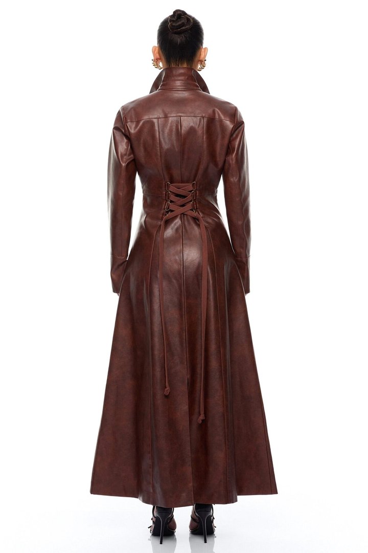 Chic Moment Lace Up Faux Leather Coat - Brown