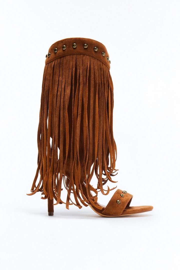 Tadi Fringe Studded Heels - Cognac