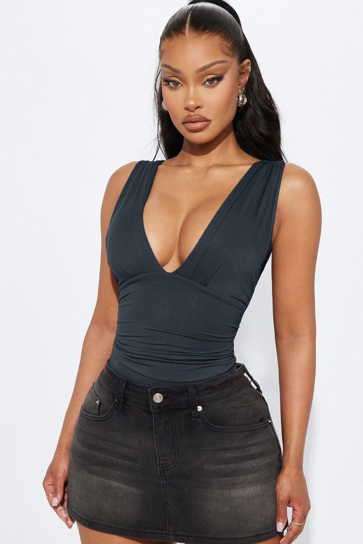 Cabana Girl Ruched V-Neck Bodysuit - Charcoal