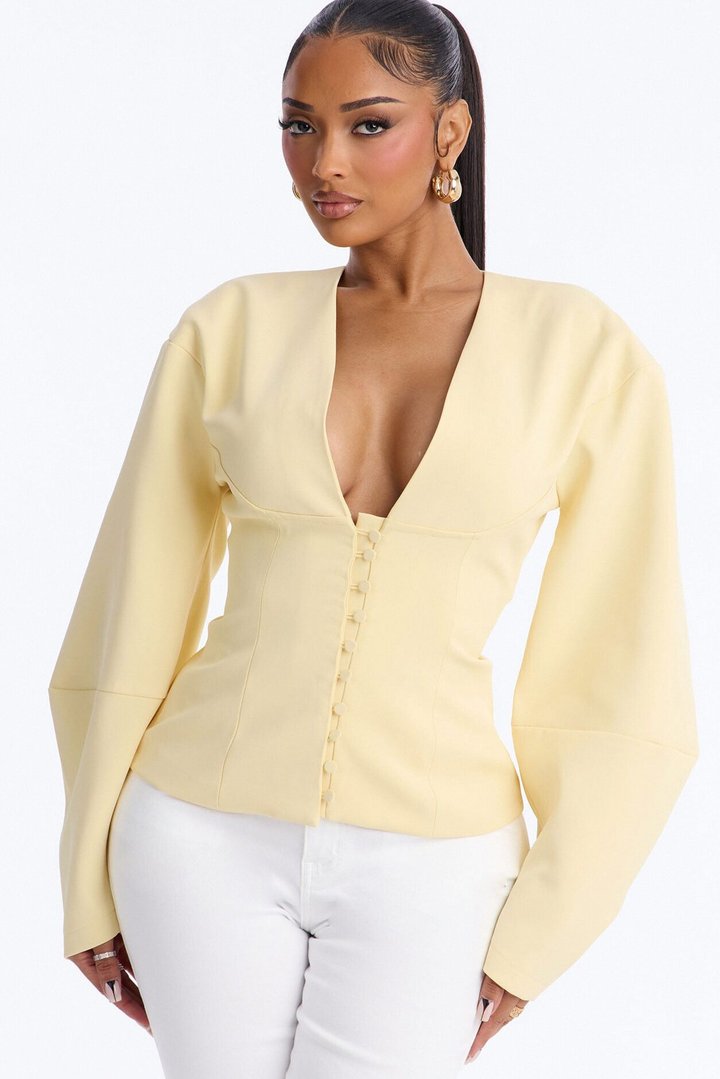 Off Duty Boss Puff Sleeve Button Front Blouse - Butter Yellow