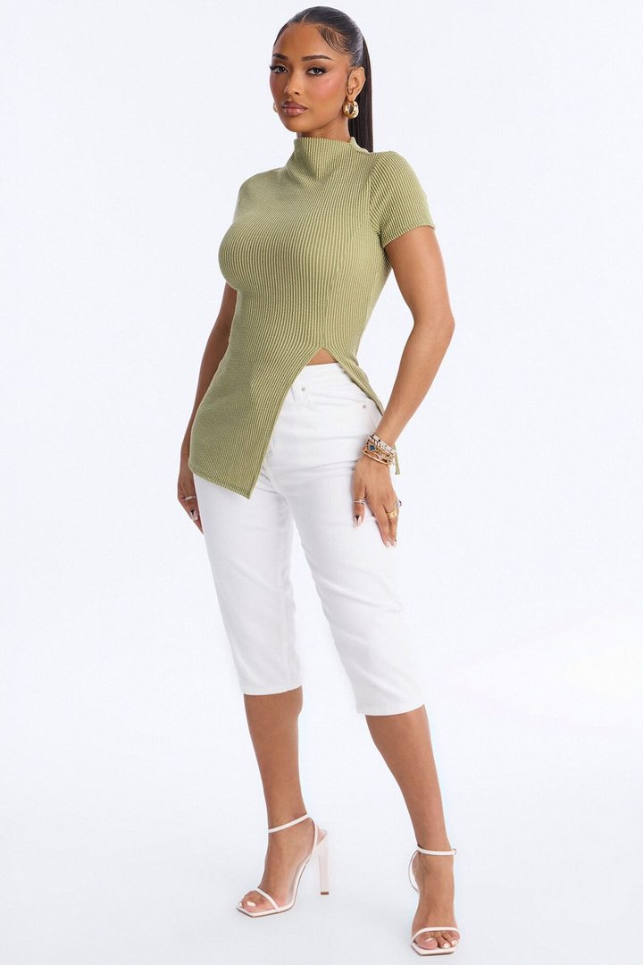 Ika Mock Neck Heavy Ribbed Short Sleeve Top - Chartreuse