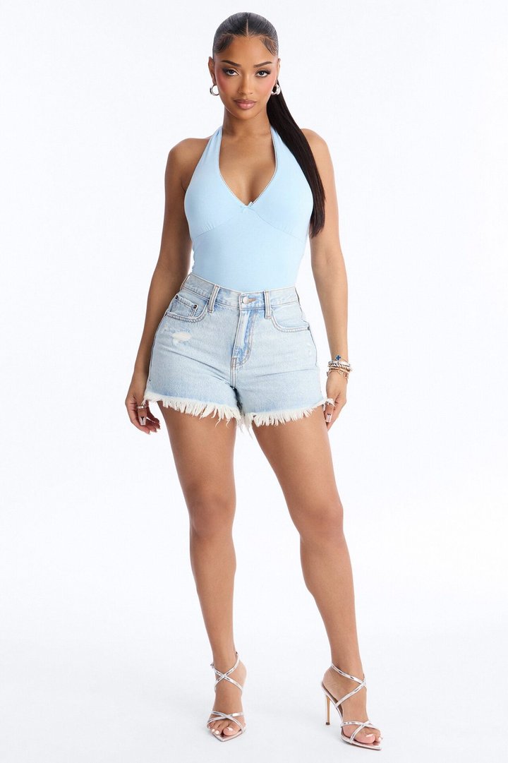 Gigi Double Lined V Neck Halter Top - Blue