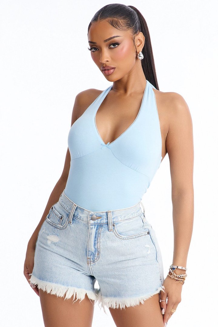 Gigi Double Lined V Neck Halter Top - Blue