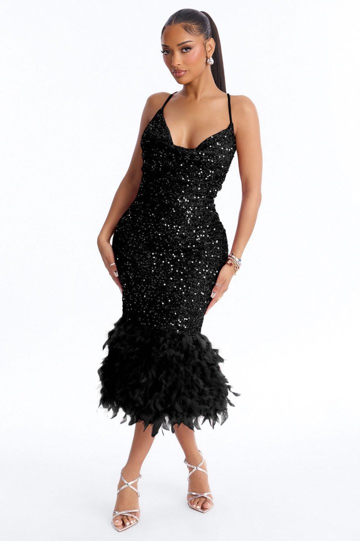 Zoey Feathered Sequin Midi Dress - Black