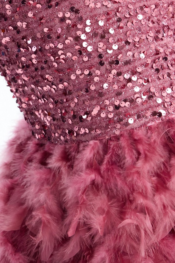 Zoey Feathered Sequin Midi Dress - Mauve