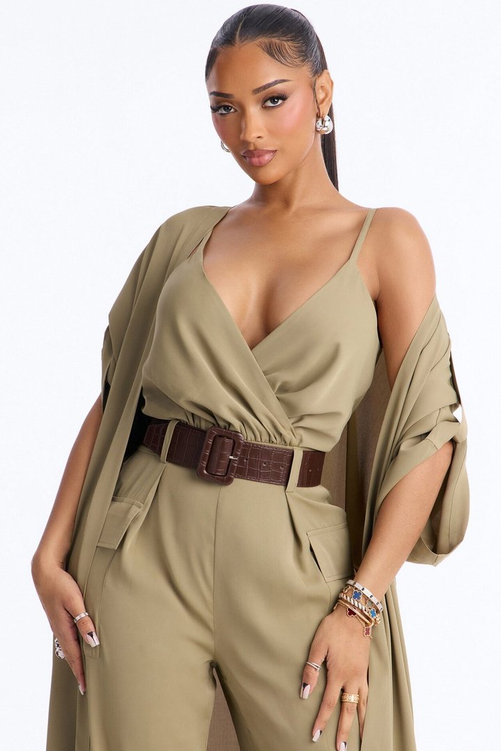 Gemma Jumpsuit And Long Jacket 2 Piece Set - Olive