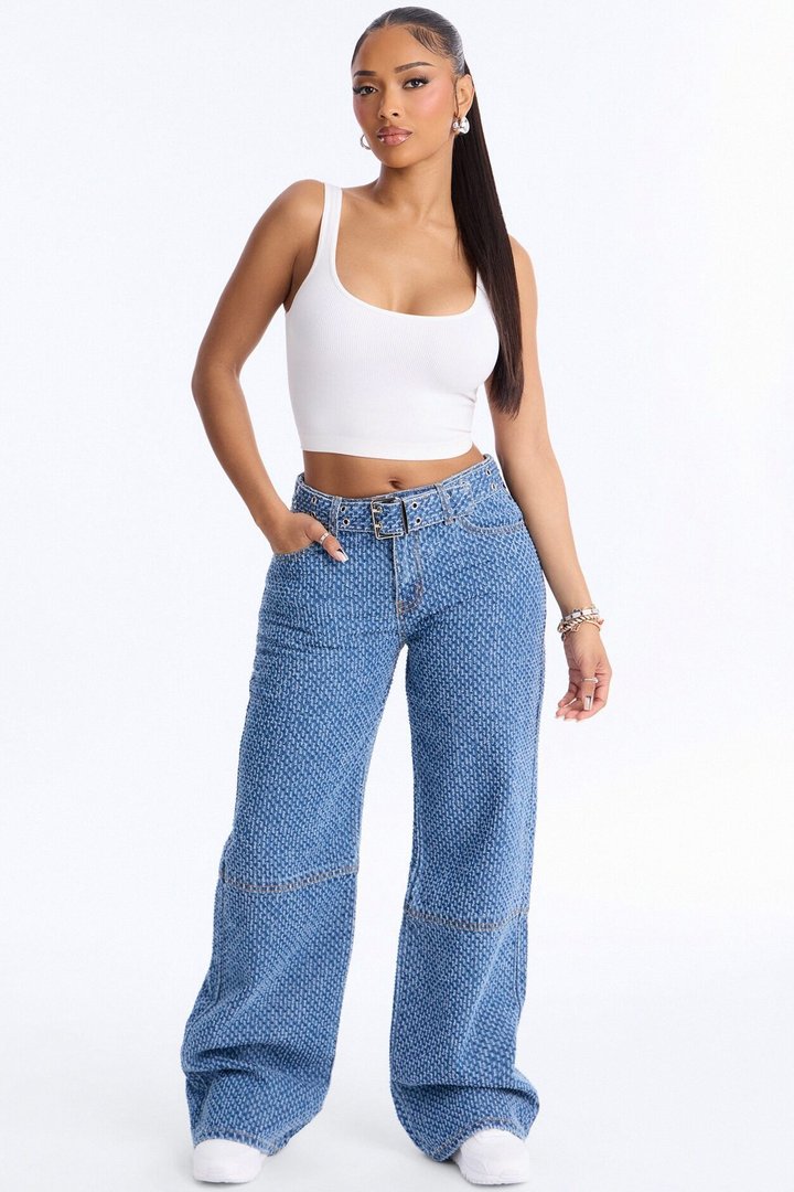 Shake It Up Belted Jacquard Straight Leg Jeans - Medium Wash