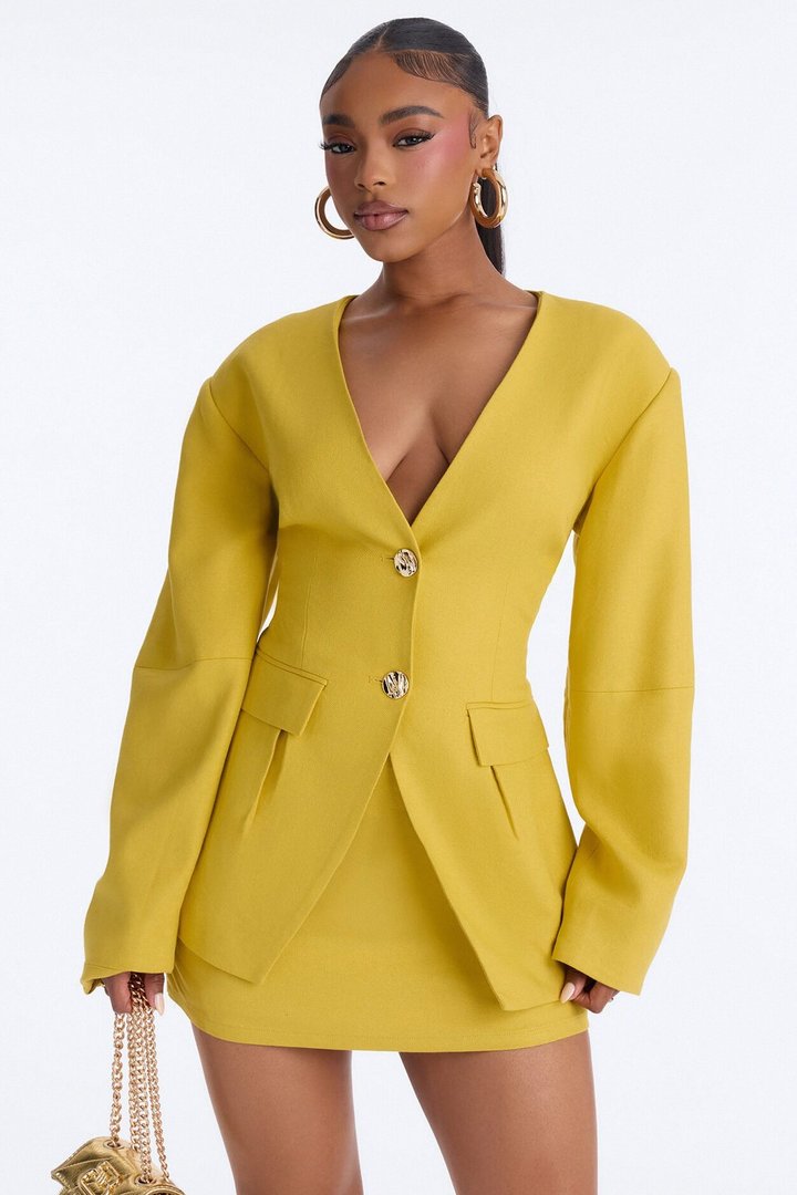 No More Questions Twill Blazer Skort Set - Yellow
