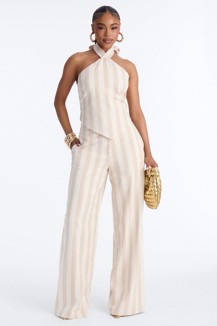 Cruise Attire Striped Linen Halter Top - Taupe/combo