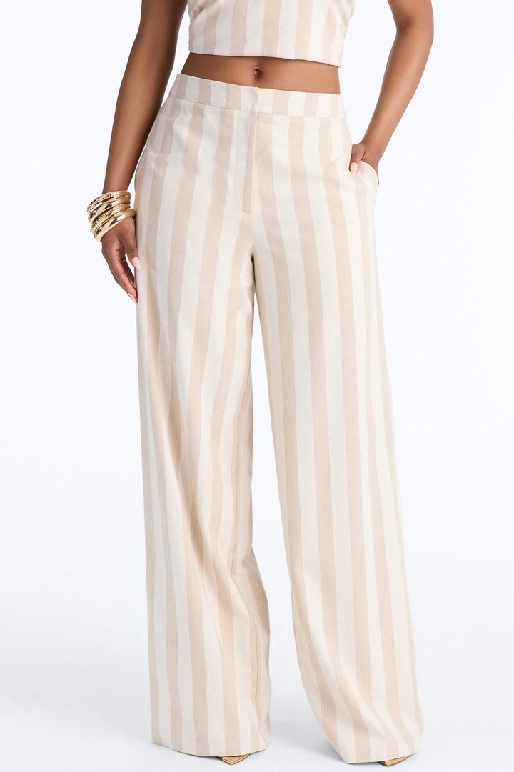 Cruise Attire High Rise Striped Linen Pant 33″ - Taupe/combo