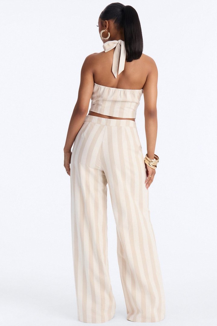 Cruise Attire High Rise Striped Linen Pant 33″ - Taupe/combo