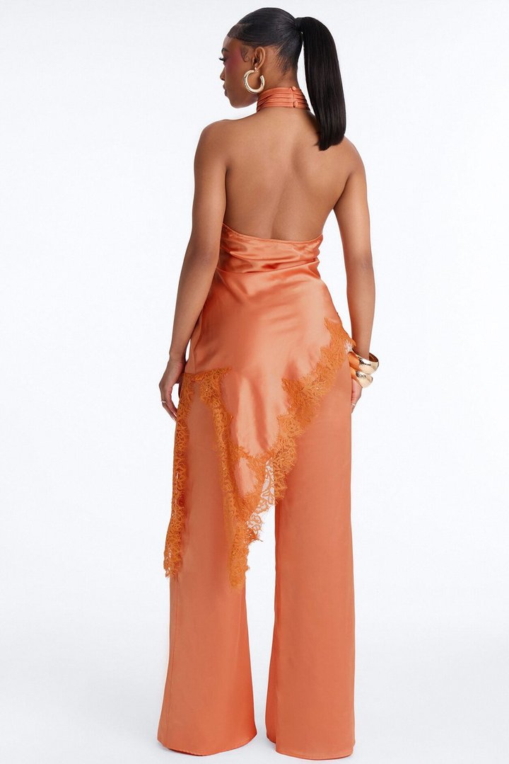 Angela Satin Lace Trim Pant Set - Orange