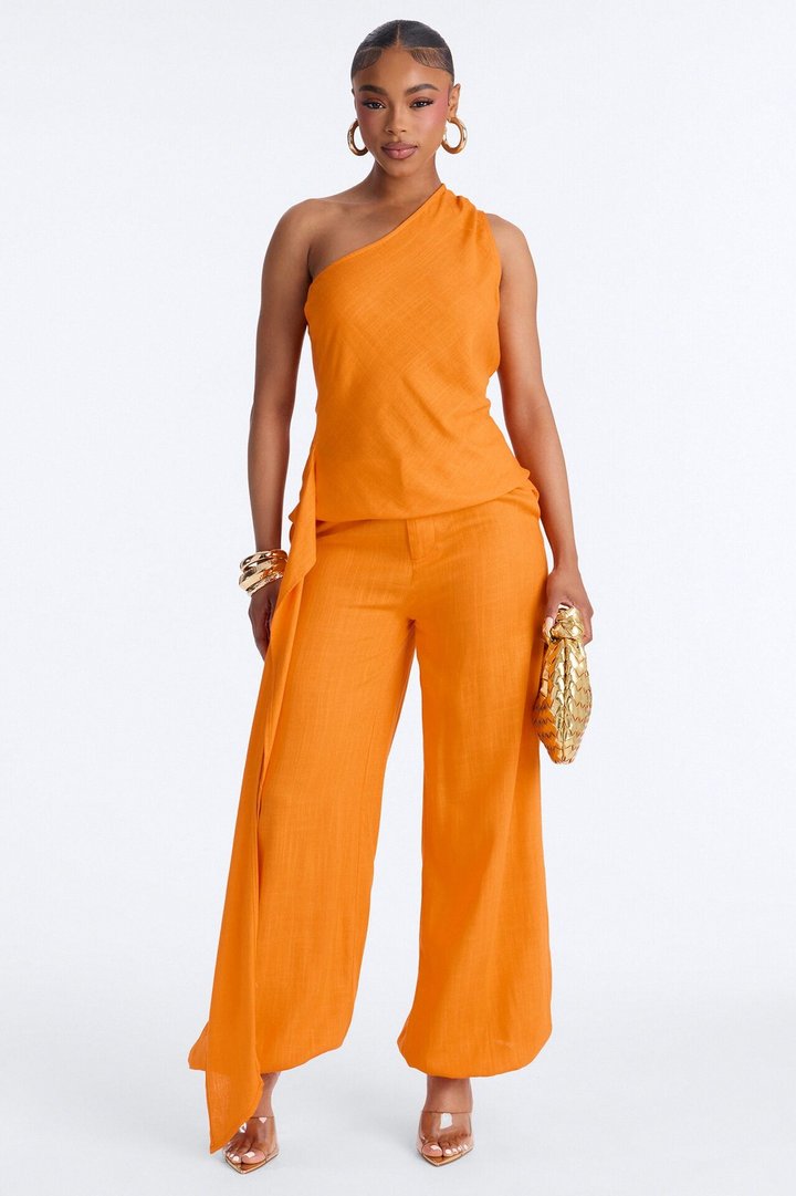 Zya One Shoulder Linen Balloon Pant Set - Orange