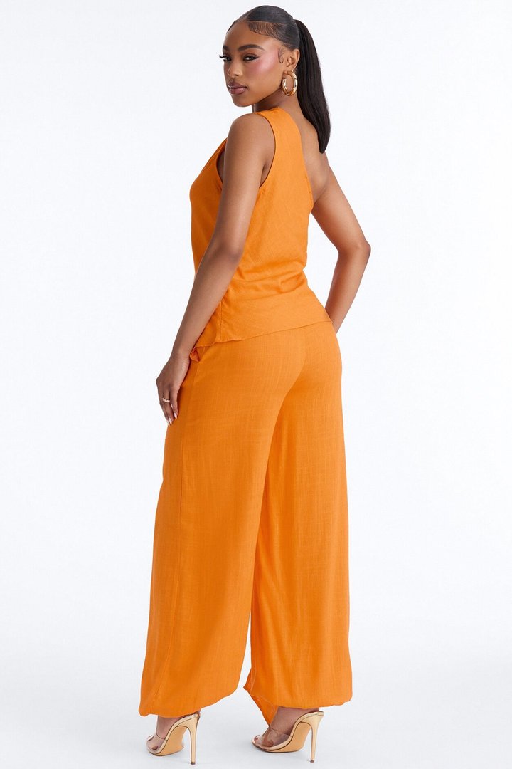 Zya One Shoulder Linen Balloon Pant Set - Orange