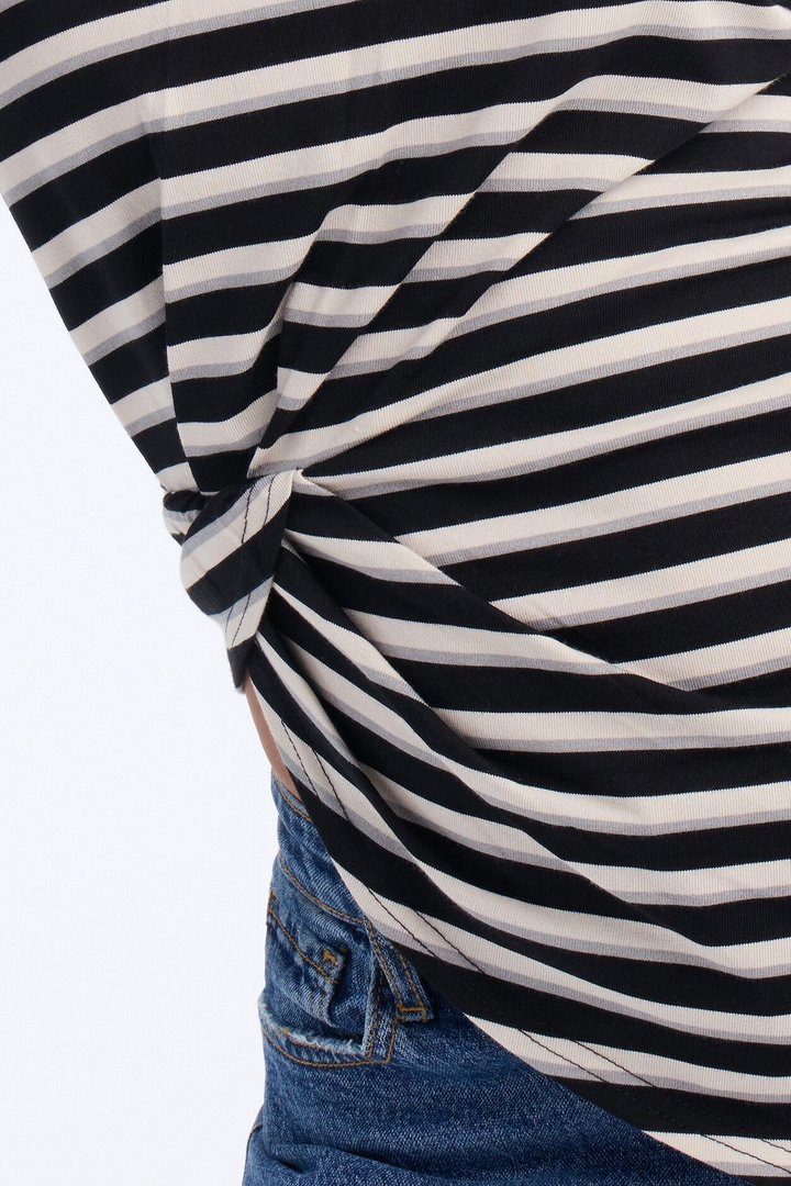 Malia Striped Asymmetrical Ruched Short Sleeve Top - Black/Grey
