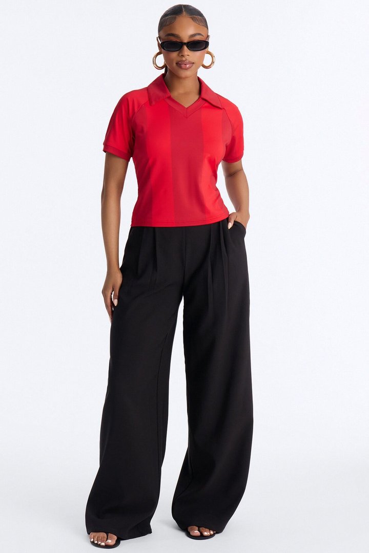 Street Uniform Striped Short Sleeve Polo Jersey Top - Red/combo