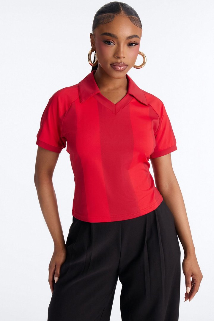 Street Uniform Striped Short Sleeve Polo Jersey Top - Red/combo