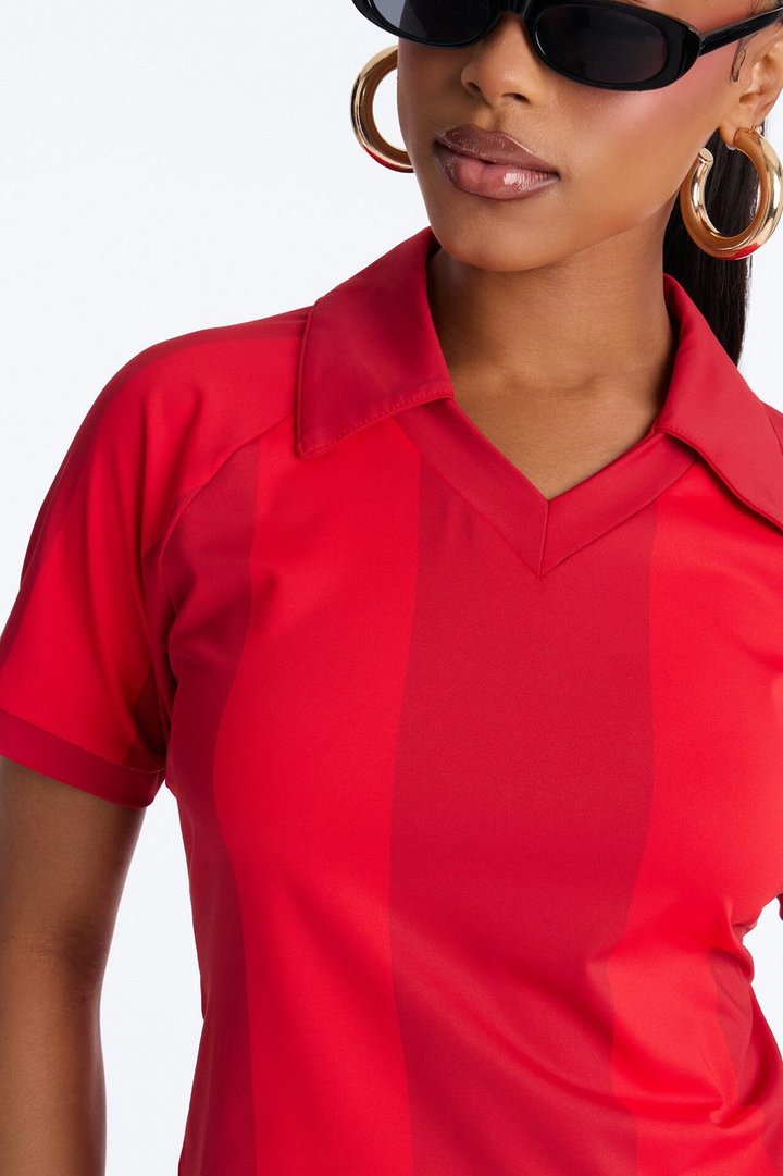 Street Uniform Striped Short Sleeve Polo Jersey Top - Red/combo