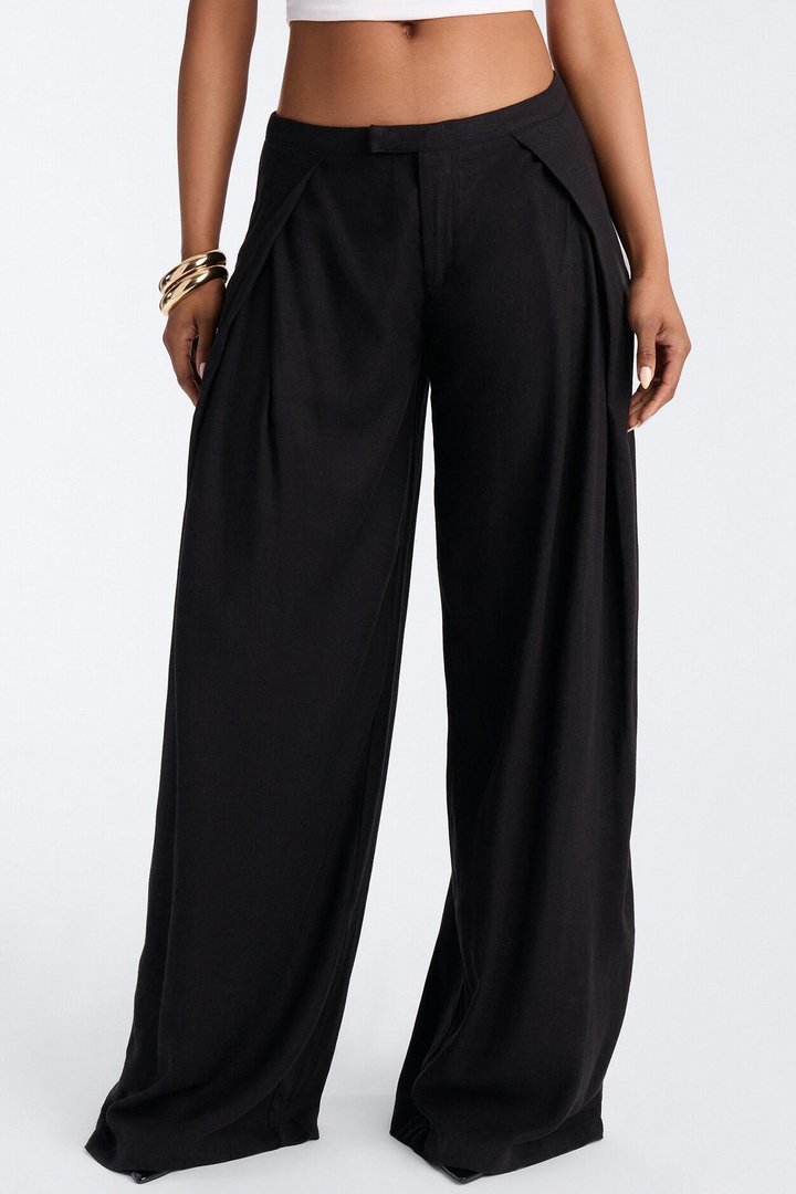 Gracie Low Rise Pleated Linen Wide Leg Trouser 33″ - Black