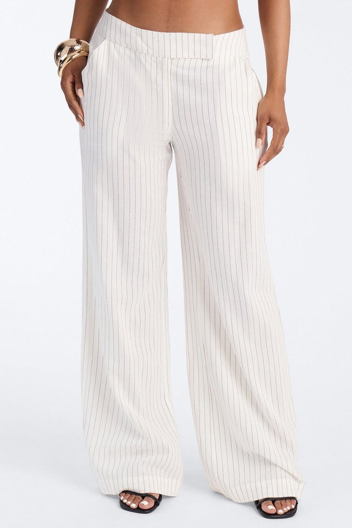 Juno Pinstripe Wide Leg Linen Trouser Pant - Ivory/combo