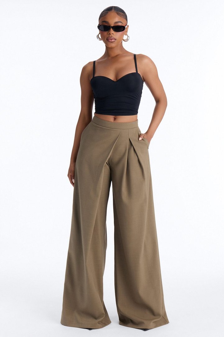 Tall Tiana Pleated Wrap Waist Wide Leg Trouser - Caffe