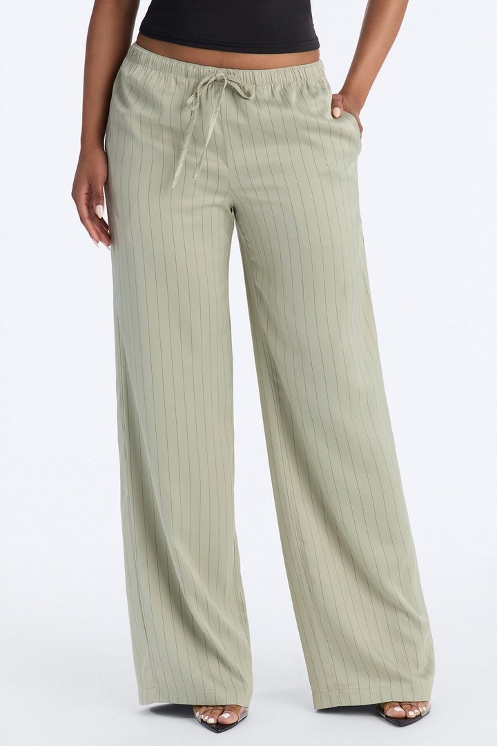 Lulu Pinstripe Satin Wide Leg Pant 32″ - Olive