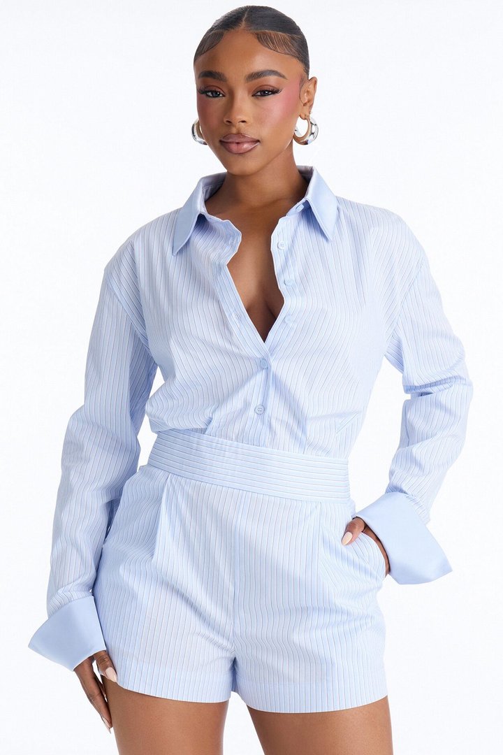 Pia Pinstripe Poplin Romper - Blue