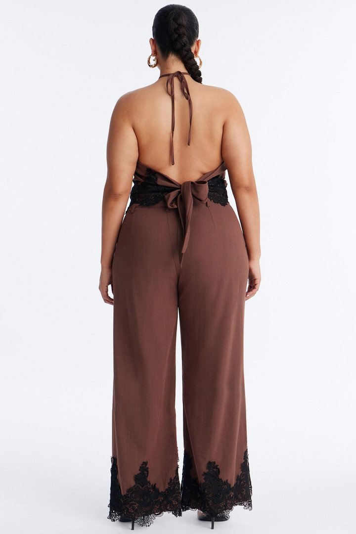 Mindy Halter Lace Trim Linen Pant Set - Brown