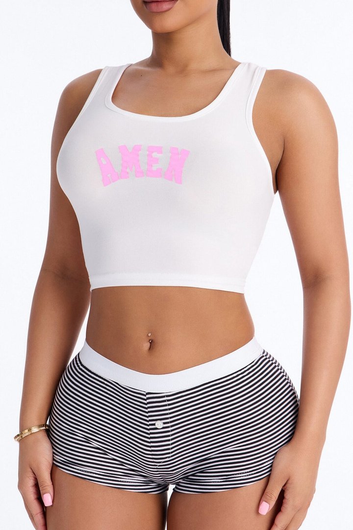 Amen Tank PJ Boyshort Set - White/Black