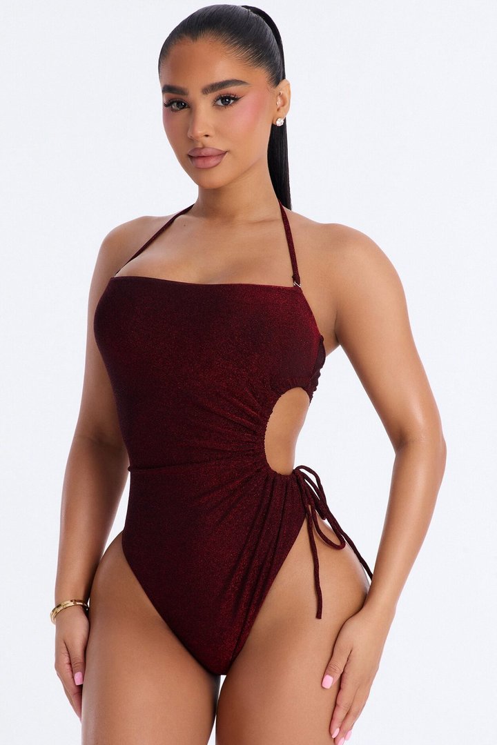 Sunny Days And Waves Glitter Cut Out Ruched 1 Piece Swimsuit - Burgundy