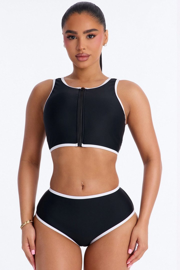 Waves Runner Colorblock Tank High Waist 2 Piece Bikini Bottom - Black/White