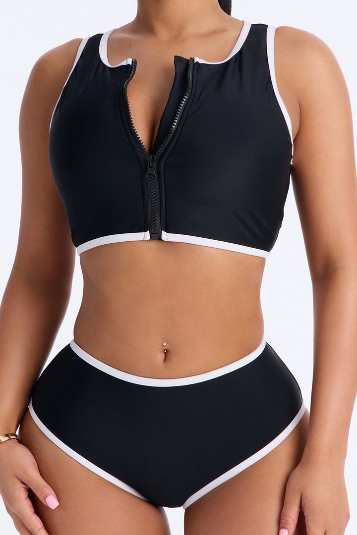 Waves Runner Colorblock Tank High Waist 2 Piece Bikini Bottom - Black/White