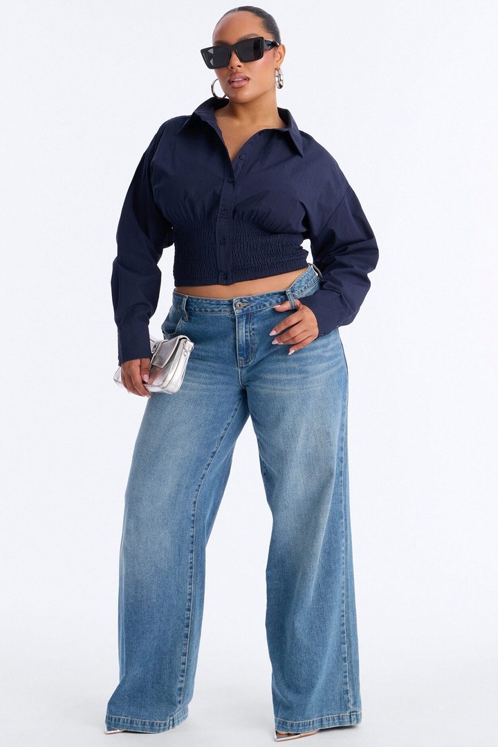 Better Perspective Smocked Poplin Shirt - Navy