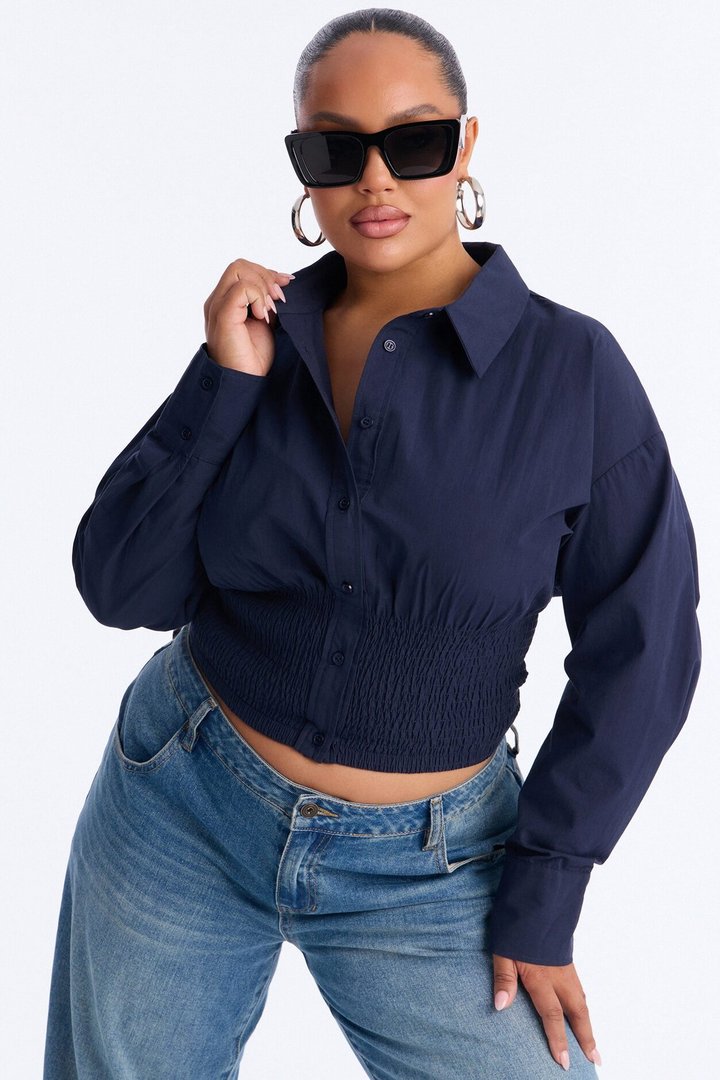 Better Perspective Smocked Poplin Shirt - Navy