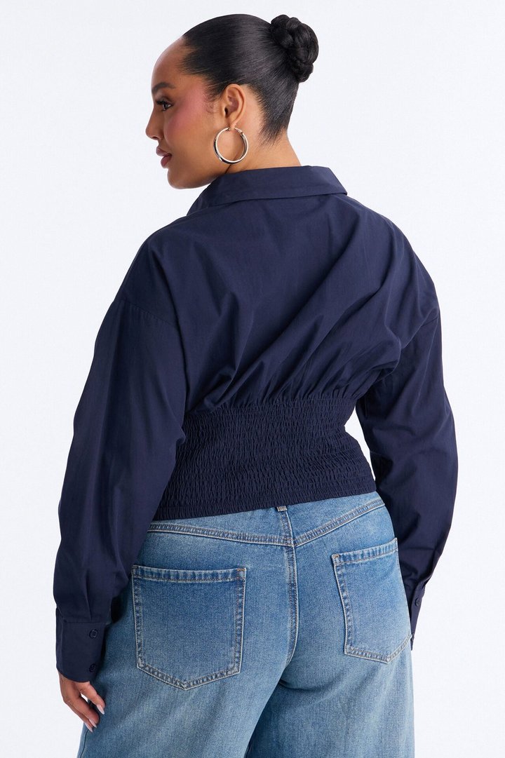 Better Perspective Smocked Poplin Shirt - Navy